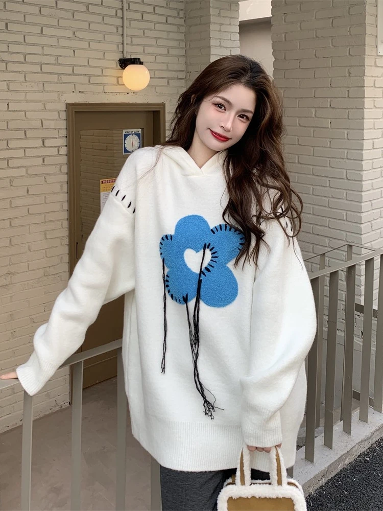 

Женские пуловеры оверсайз с сердечками, жаккардовые Лоскутные повседневные свободные свитера с бахромой и капюшоном, милые Джемперы в стил...