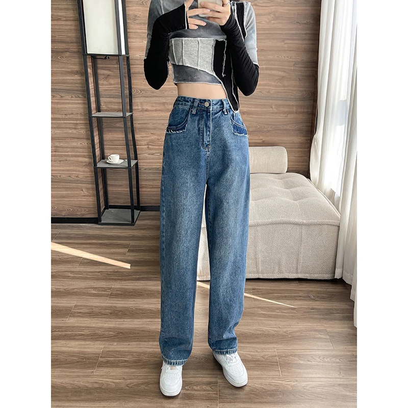 Retro High Waist Loose Straight Wide Leg Harem Pant Contrast Color Double Pocket Jeans Female Blue Baggy Denim Trouser