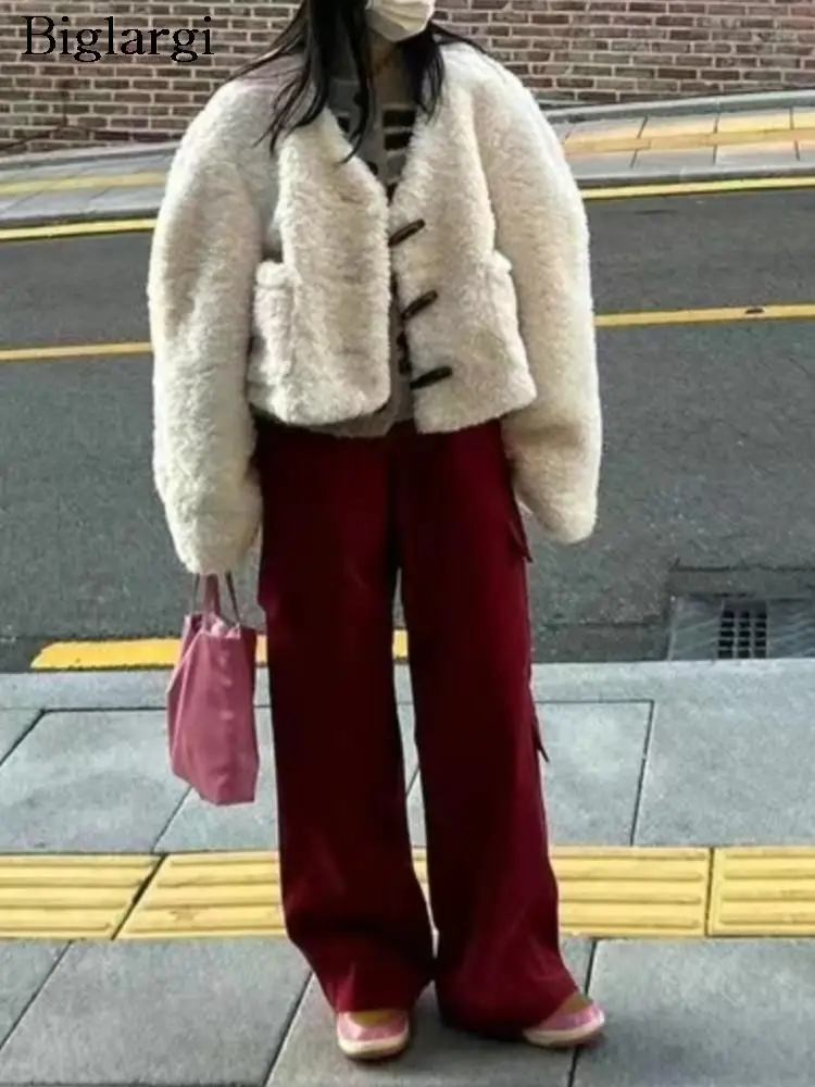 

Autumn Winter Teddy Furry Coat Women V-Neck Korean Fashion Casual Loose Ladies Cropped Jackets Long Sleeve Woman Coats 2023