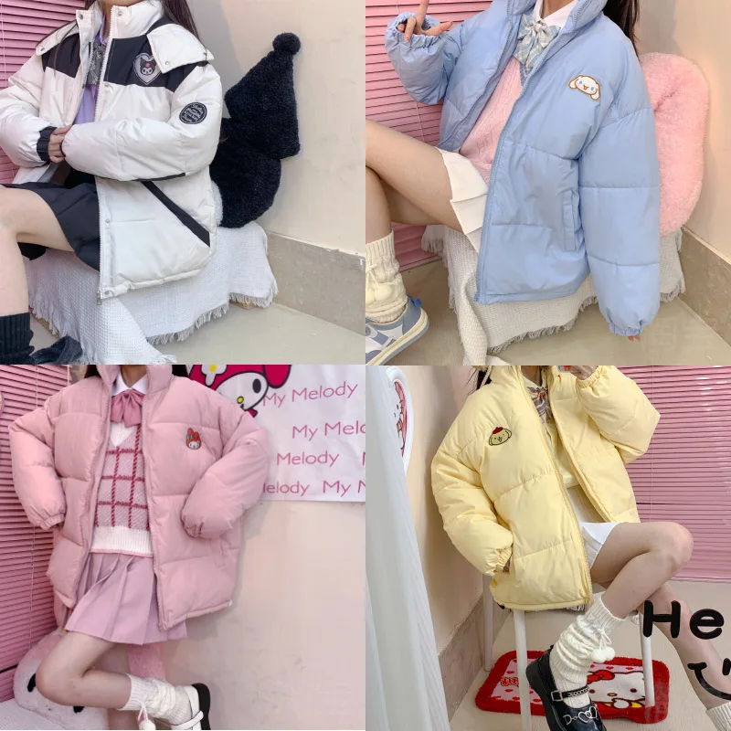 

Kawaii My Melody Kuromi Cinnamoroll свободная Толстая мягкая одежда зимняя женская аниме Sanrios милое дикое пальто с вышивкой в виде сердца для девушек