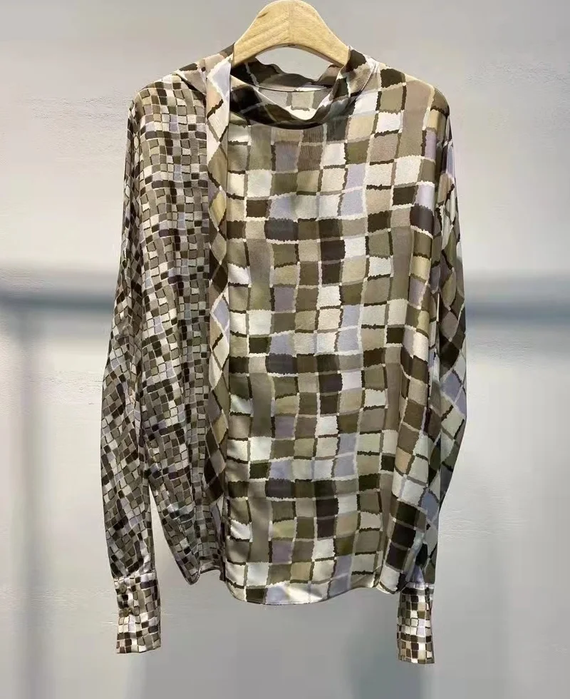 

Блузка женская с длинным рукавом, модный дизайнерский Шелковый топ с винтажным принтом, повседневный Свободный Топ, из чистого шелка, весна-...