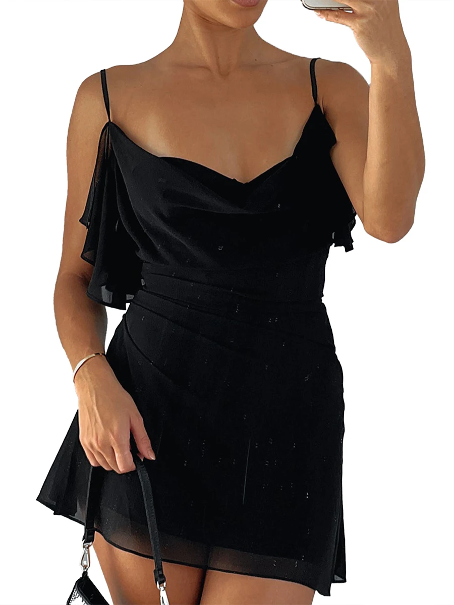 

Women Mini Bodycon Dress Sexy Comfortable Solid Color V-Neck Ruffles Sleeveless Cami New in Summer Backless Party Dress