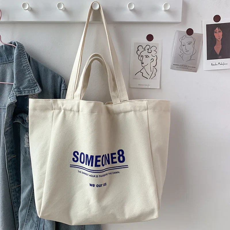 

Simple Letters Print Canvas Bag Women Shoulder Shopper Bag Female Causal Large Tote Bag Beige Cloth Handbag for Girl Eco Purses