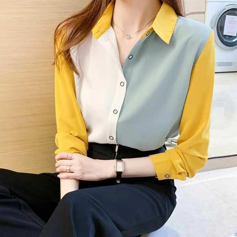 Spring New Korean Color Matching Shirt Tops Long Sleeve Chiffon Bottoming Loose Versatile Blouse Fashion Casual Women Clothing