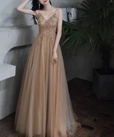 luxury champagne evening dresses straps v neck a line sleeveless beading sequins formal party cocktail celebrity prom gowns new