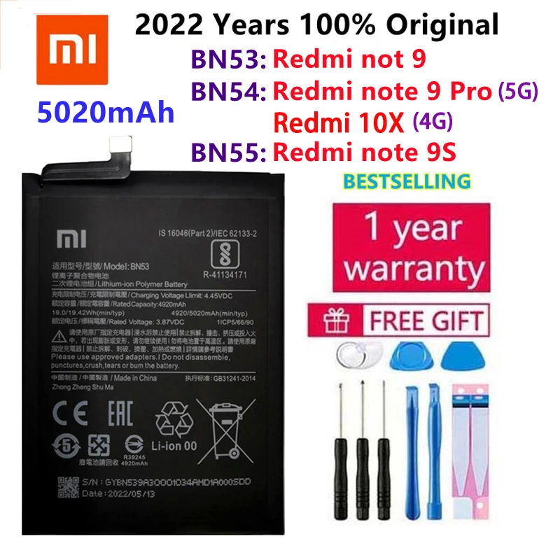

100% Original 5020mAh BN53 BN54 BN55 Replacement Battery For Xiaomi Redmi Note 9 Pro 9S Bateria Mobile Phone Batteries Tools