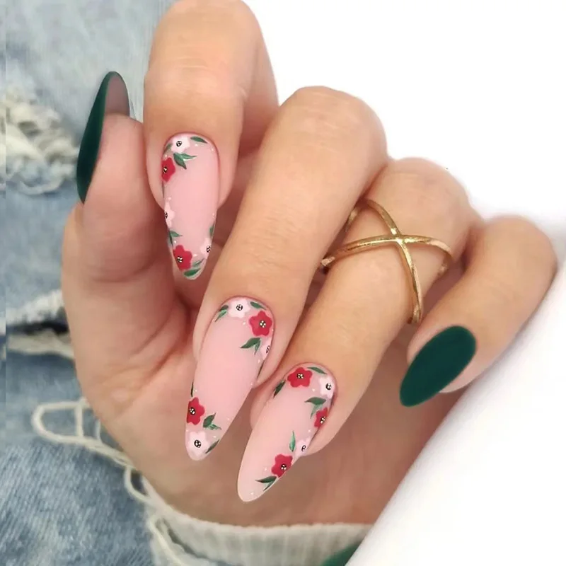 

3D fake nails accessories nude matte french almond tips Spring summer flower designs manicure products faux ongles press on nail