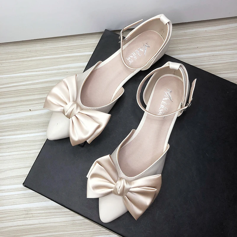 

Women Sandals with Bow Flat Heel Solid Color Side Empty Girl's Shoes Summer Autumn Sweet Back Strap Size 33-44 Pointed Toe