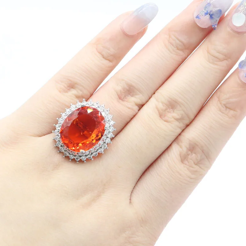 

26x23mm Eye Catching Big Gemstone Orange Spessartine Garnet Blue Aquamarine CZ Women Dating Silver Rings
