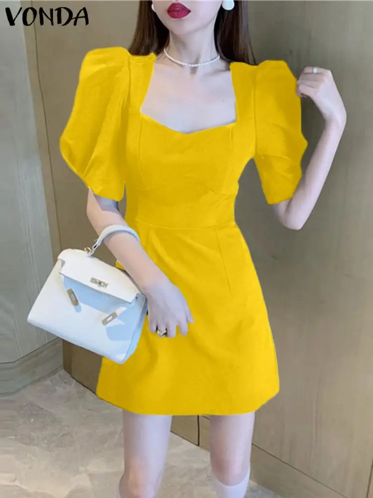 

VONDA 2022 Stylish Spuare Neck Baggy Sundress Mini Dress Female Puff Short Sleeve Vestido Women Fashion Polyester Robe Oversized