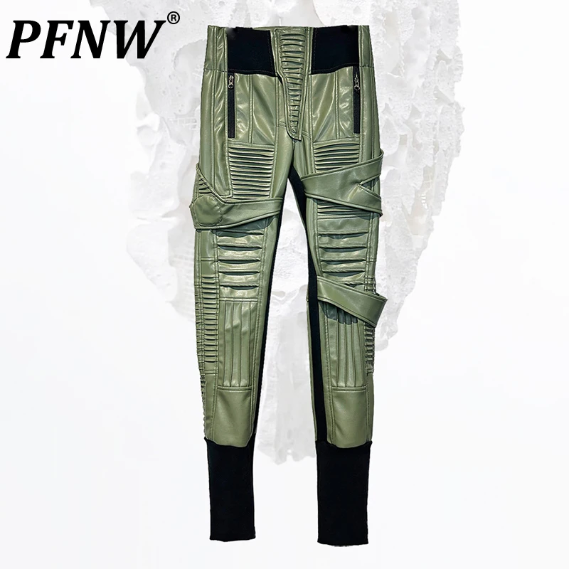

PFNW Avant-garde Men's Leather Pants Asymmetry Trousers Skinny Leg Pleating Niche Design Casual Male 2023 Autumn Trendy 28W1615