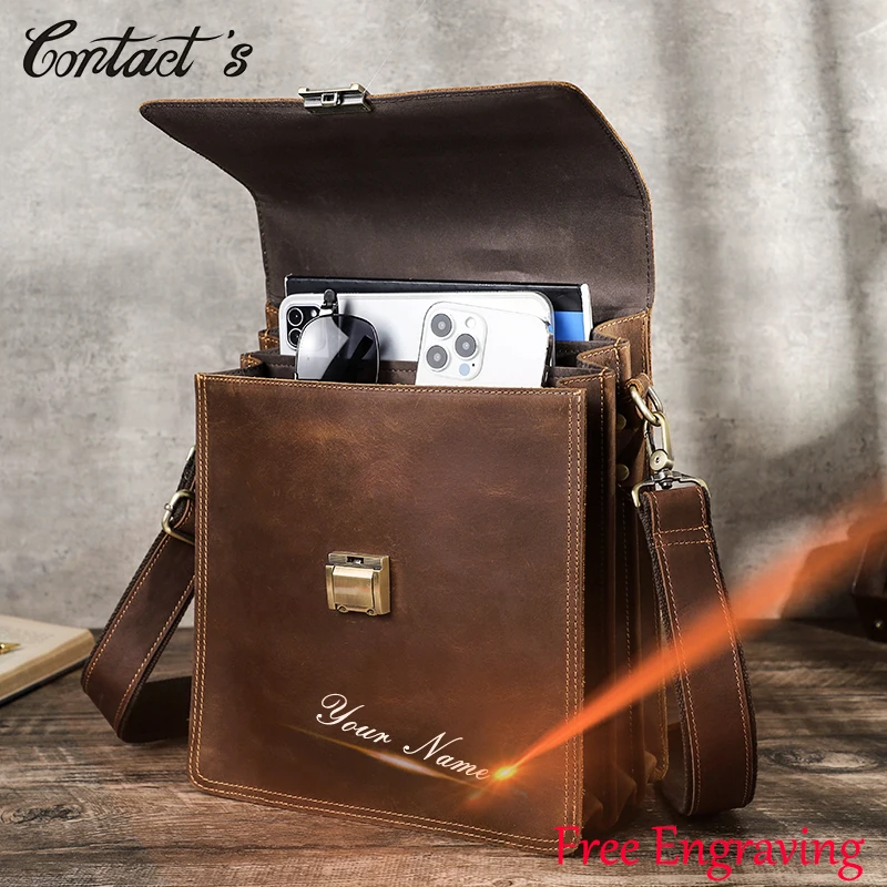 CONTACTS Luxury Men Genuine Leather Shoulder Bag for iPad 11'' Password Lock Designer Bags Crossbody Messenger Causal Handbag