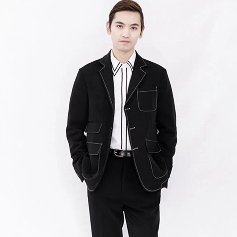Men's Simple White Line Suit Large Size New Style Personalized Multi Pocket Fashion Classic Business Casual |