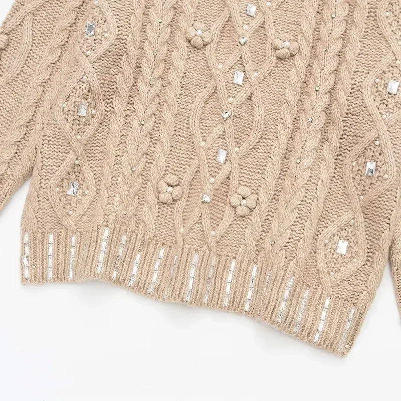 TRAF осень-зима женский вязаный свитер со стразами 2024 с длинными рукавами пуловеры