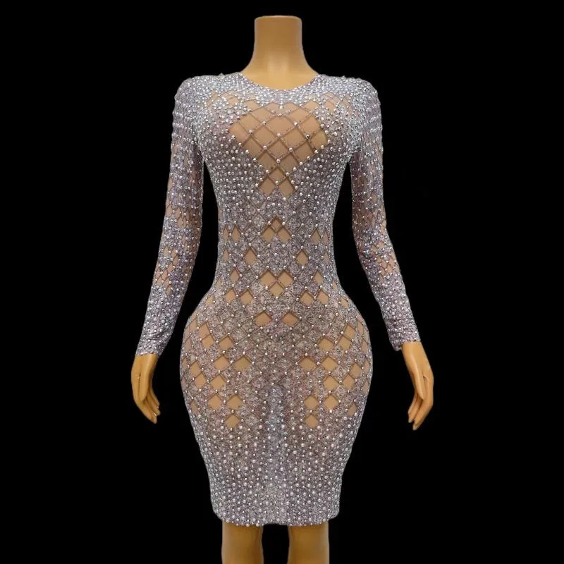 Женское Прозрачное платье с длинным рукавом Серебряное искусственным жемчугом