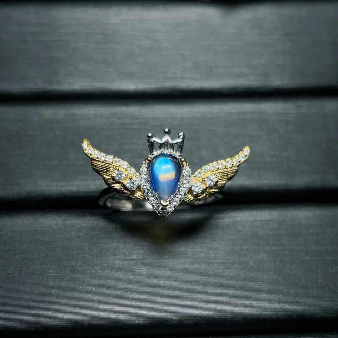 

Europe and America S925 Silver Natural Indian Moonlight Stone Wings Unique Design Flap Design Ring Without Optimized Main Stone
