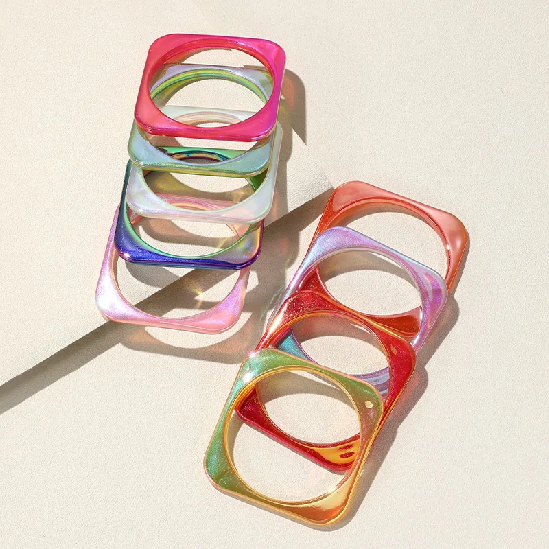 

Vintage Square Acrylic Laser Colorful Bangle for Women Trendy Large Wide Charm Bracelet Bangle Female Indian Hand Jewelry Party