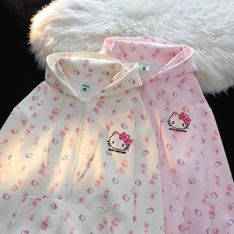 Милая толстовка с капюшоном Hello Kitty Yk2 Kawaii Anime KT принтом свободная винтажная милая