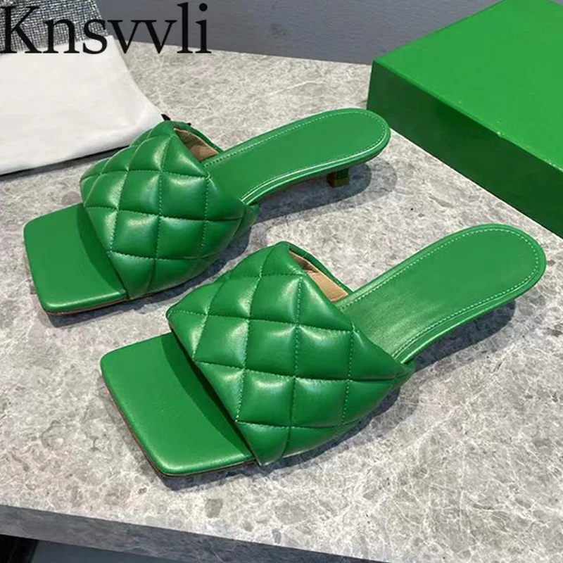 

New Kitten Heels Slippers Women Square Peep Toe Mules Genuine Leather Rhombus Slides Runway Shoes Summer Slippers Woman