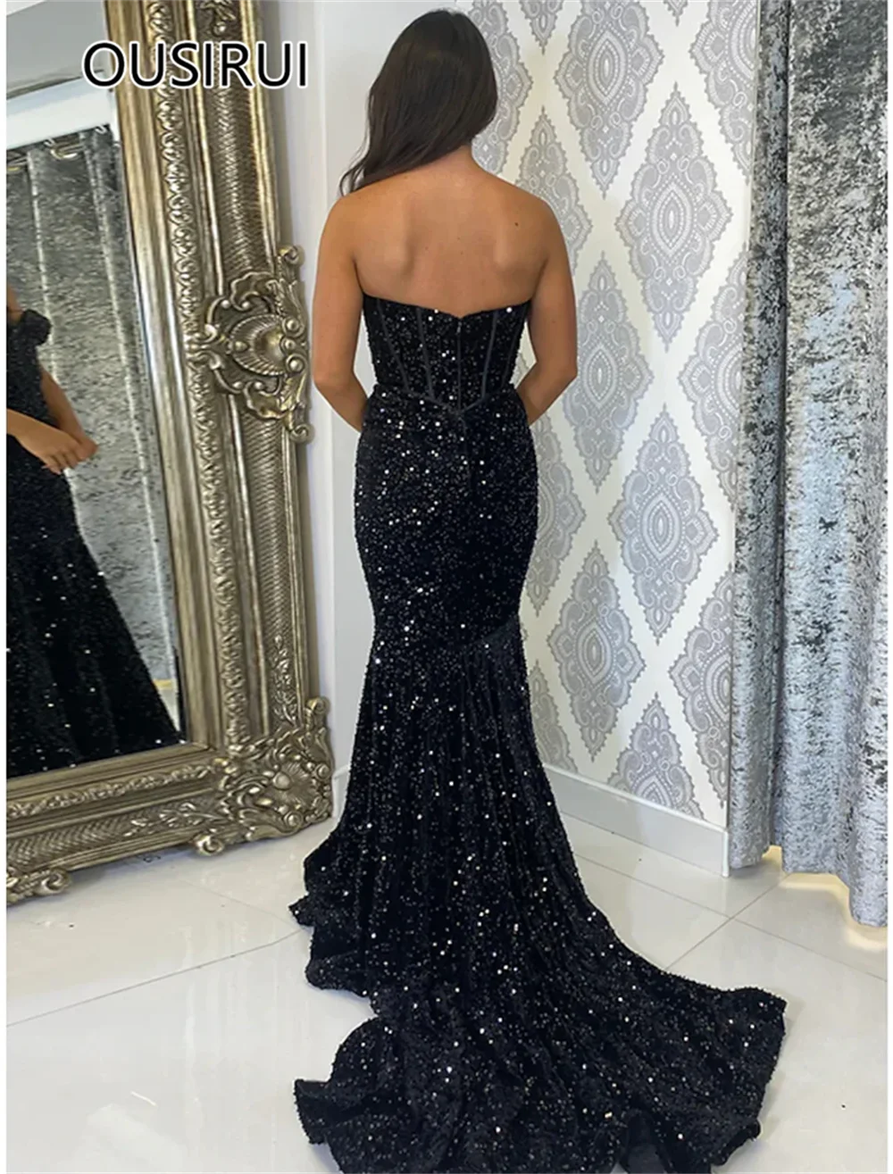 Customized Elegant Sweetheart Collar Sequins Shiny Prom Graduation Dress Sexy Mermaid Backelss Trian Cocktail