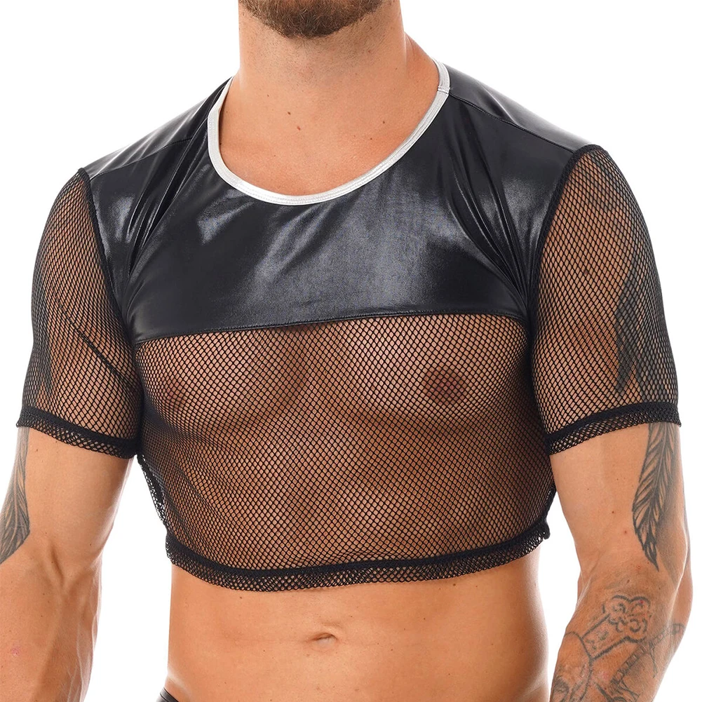 

Mens See Through Vest Short Sleeve Tank Tops Muscle Sexy Mesh Shirts Crop Top Sheer Chest Erotic Tee Costumes Club Stage Wear