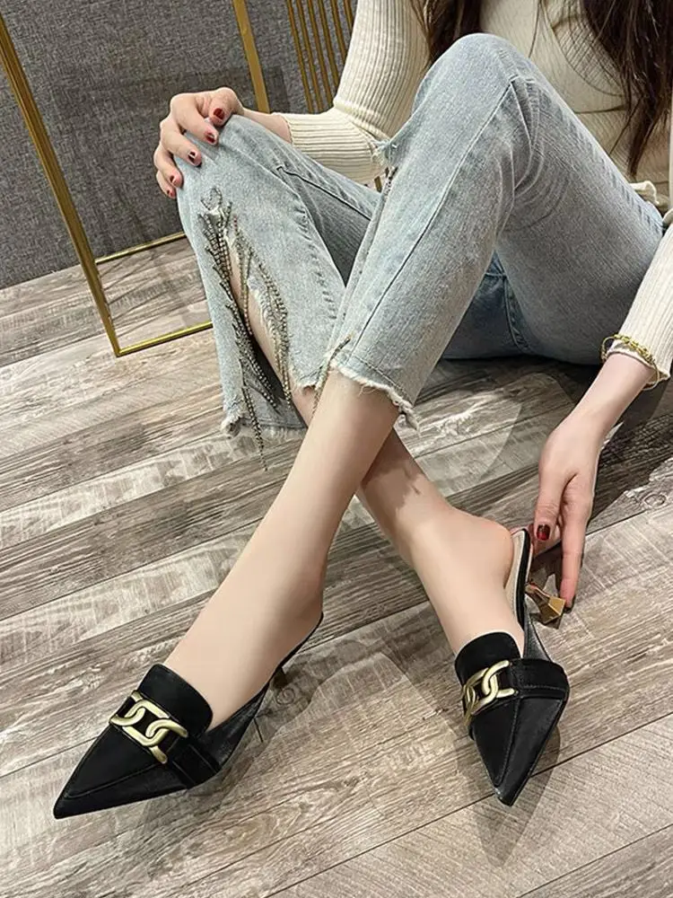 Women Slippers Mules Pointed Toe Rubber Metal Chains Outdoor Slides Woman Shoes Fashion Casual Lady High Heels Zapatillas Mujer