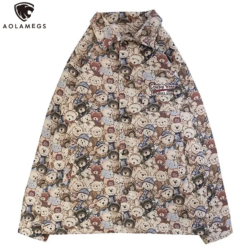 

Aolamegs Hip Hop Men's Shirts Funny Cartoon Bear Pattern Coat Couple Loose Vintage High Street Fashion Shirts For Men Streetwear