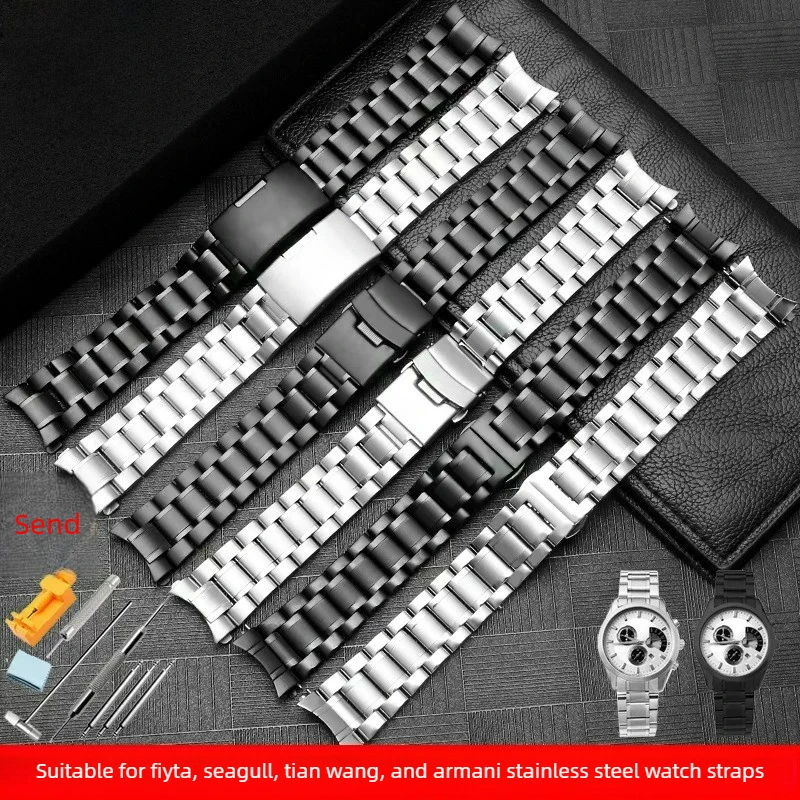 Фото Черный ремешок для часов из цельной нержавеющей стали для мужских часов Seagull, Tianwang, Armani AR1970/60008, 22 мм №1