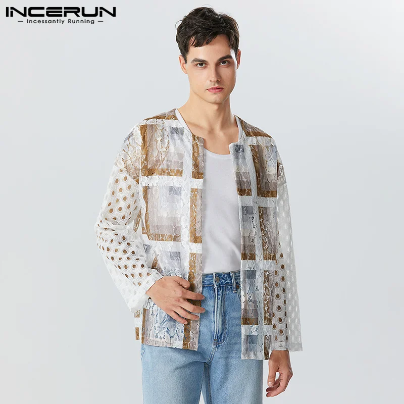 

INCERUN Men Shirt Lace Mesh Transparent Print Patchwork Sexy Open Stitch Long Sleeve Cardigan Men Streetwear 2023 Fashion Camisa