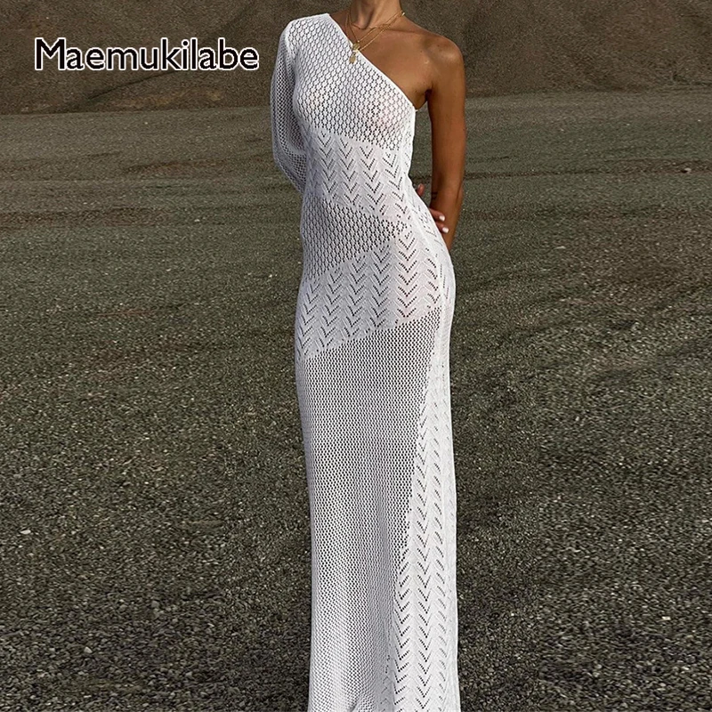 

Maemukilabe Women Elegant Hollow Out Knitted Maxi Dress Sexy Backless Tie Up One Shoulder Dress Beach Style Party Night Vestidos