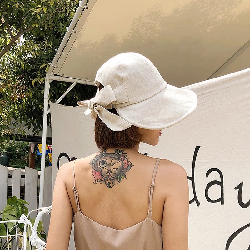 

Woman Cotton Summer Bucket Hat Sunscreen Cap Beach Outdoor Panama Bowknot Foldable Extended Brim Sun Hat Breathable Headwear