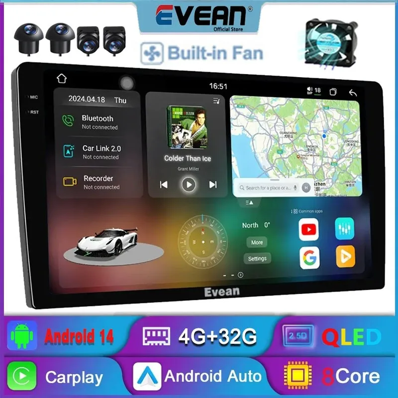 Фото [Вентилятор охлаждения] Автомобильный радиоприемник с системой Evean 360 4G 32G Восьмиядерный мультимедийный плеер 2 din с беспроводным CarPlay Android Auto Универсальный №1
