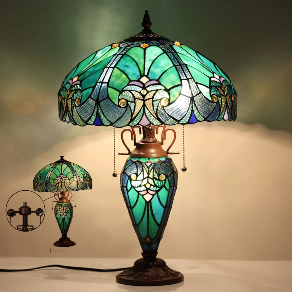 

Tiffany Table Lamp With Reading Light lnch Large Stained Glass Table Light Victorian Style Sea Green Antique 3 Light Desk Lamp
