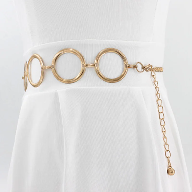 

Women Metal Large Round Ring Belt Waist Chain Ladies Fanshion Style Decorative Waist Chain Geometric Long Hollow Waistband