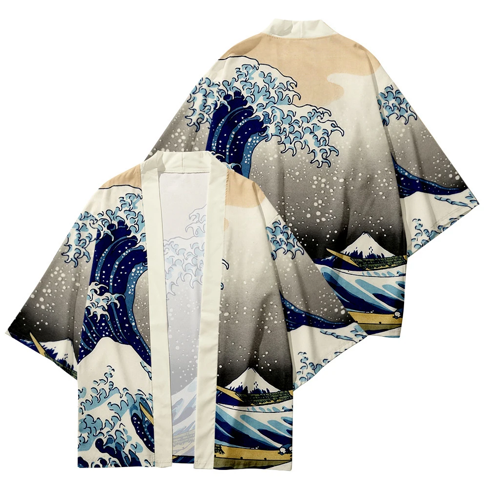 

Lsland Wave Style Summer Short-Sleeved Shirt Men's Mid-Sleeved Shirt Coat Japanese Kimono Holiday Casual Everyday Clothing