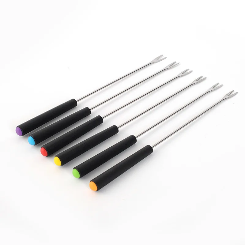 

6Pcs New Plastic Handle Stainless Steel Fondue Fork BBQ Barbecue Fork Fruit Chocolate Fondue Cheese Cheese Fruit Stick CW422