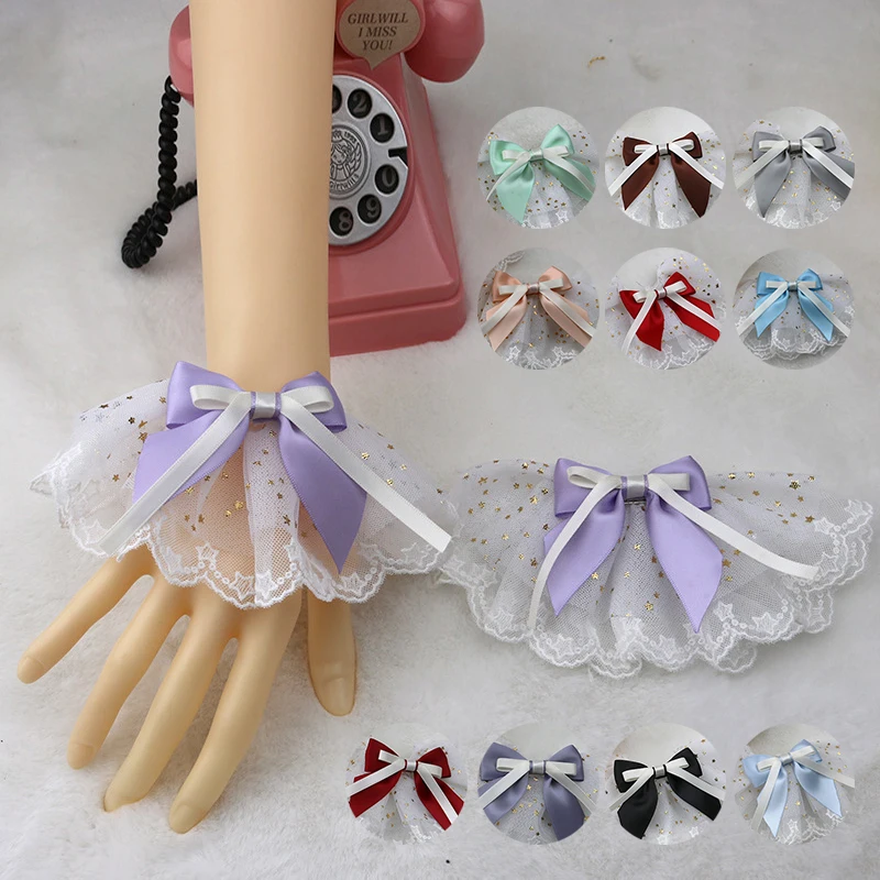 

Original Japanese Lolita Hand Sleeve Wrist Cuffs Sweet Ruffled Lace Multicolor Bowknot Maid Cosplay Bracelet for Wedding Party