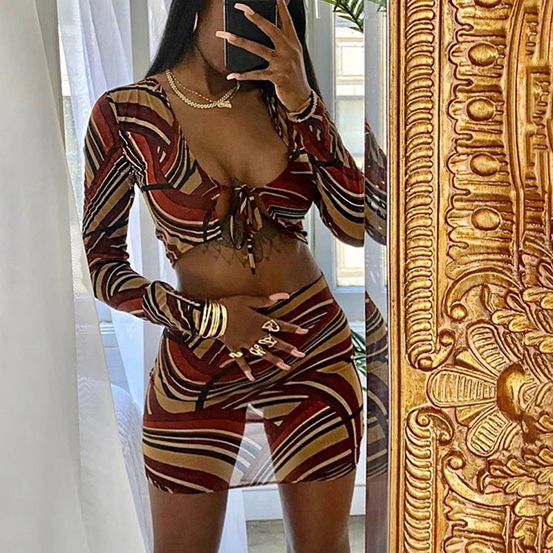 

Mesh Printed see-through Long Sleeve T-shirt High Waist Bag Hip Skirt Lace Up Sexy Casual Suit Female two-piece Set