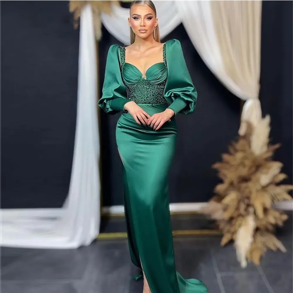 

Dark Green Split Prom Dresses Satin Beadings Sequined Special Occasion Gown Long Sleeve Evening Dresses Luxury Females Vestido