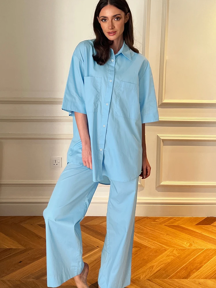 

Linad Blue Pajamas For Women 2 Piece Sets Loose Short Sleeve Sleepwear Female Casual Trouser Suits Cotton Summer Nightwear