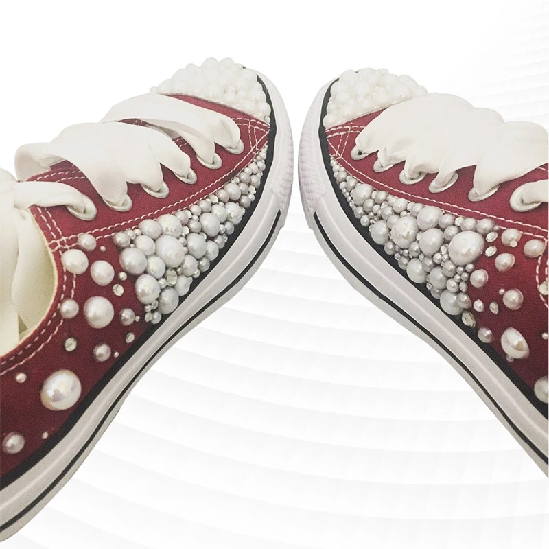 

Low-top red and blue canvas shoes pearl ribbon walking shoes street shooting comfortable handmade pearl vulcanized shoes 35-46