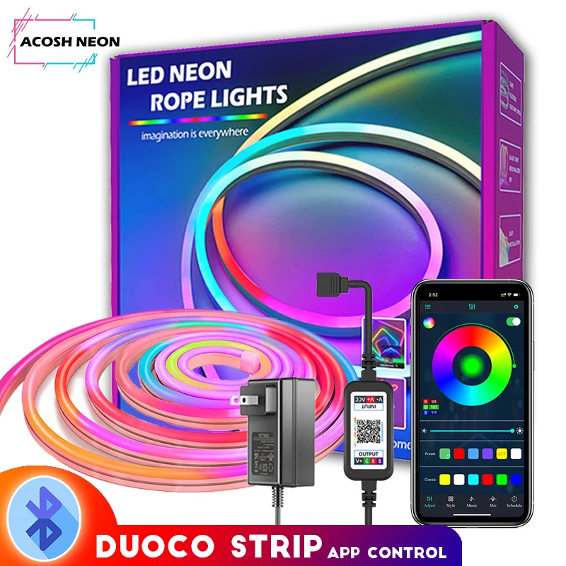 Bluetooth RGB светодиодная неоновая световая полоса 12 В светодиодная водонепроницаемая многоцветная силиконовая световая полоса украшение спальни  управление мобильным приложением, пульт дистанционного управления