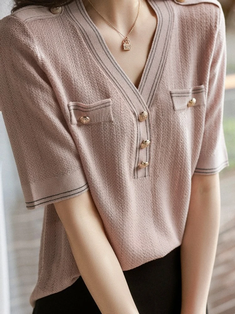 

2022 Summer New Women's Pink Top Hit Color Retro Temperament Gentle Knitted Sweater Women's T-shirt Office Commuting