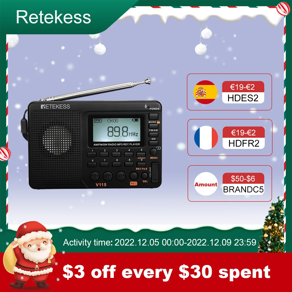 RETEKESS V115 Radio FM AM SW Portable Radios AM FM Rechargeable Shortwave Radio devices All Full Waves USB Recorder Sleep Time