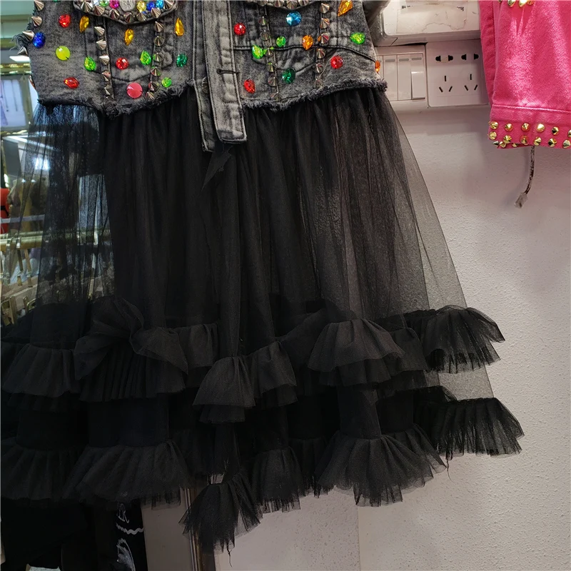 Женский Радужный джинсовый жилет с оборками и бусинами