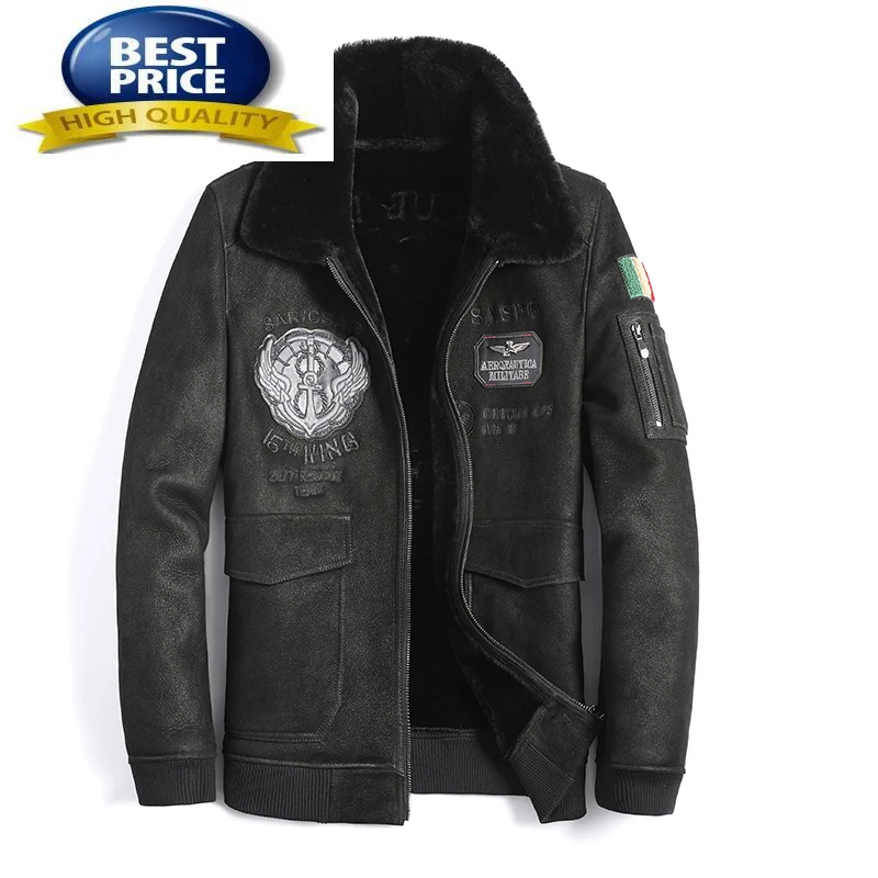 

Shearling Jacket Sheep Men Embroidery Original Sheepskin Fur One Integrated Fur Coat Men Motorcycle Flight Jacket Winter