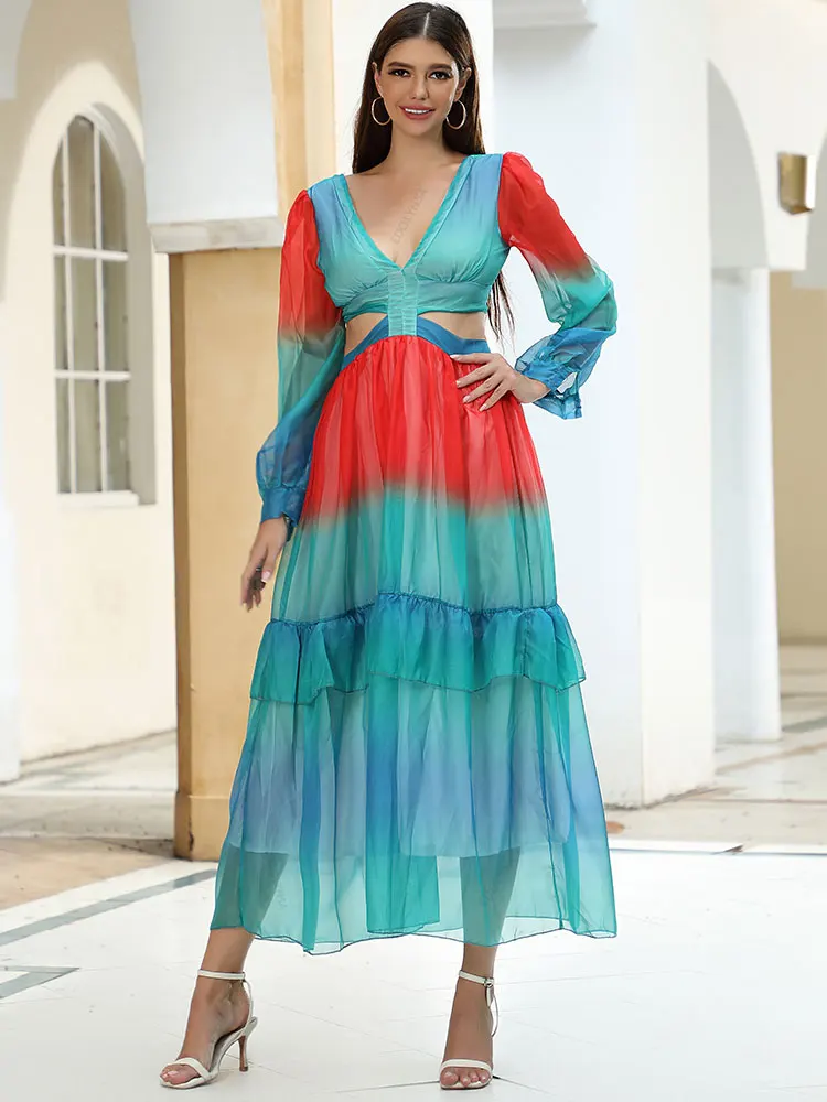 

Женское вечернее платье-макси с длинным рукавом-фонариком