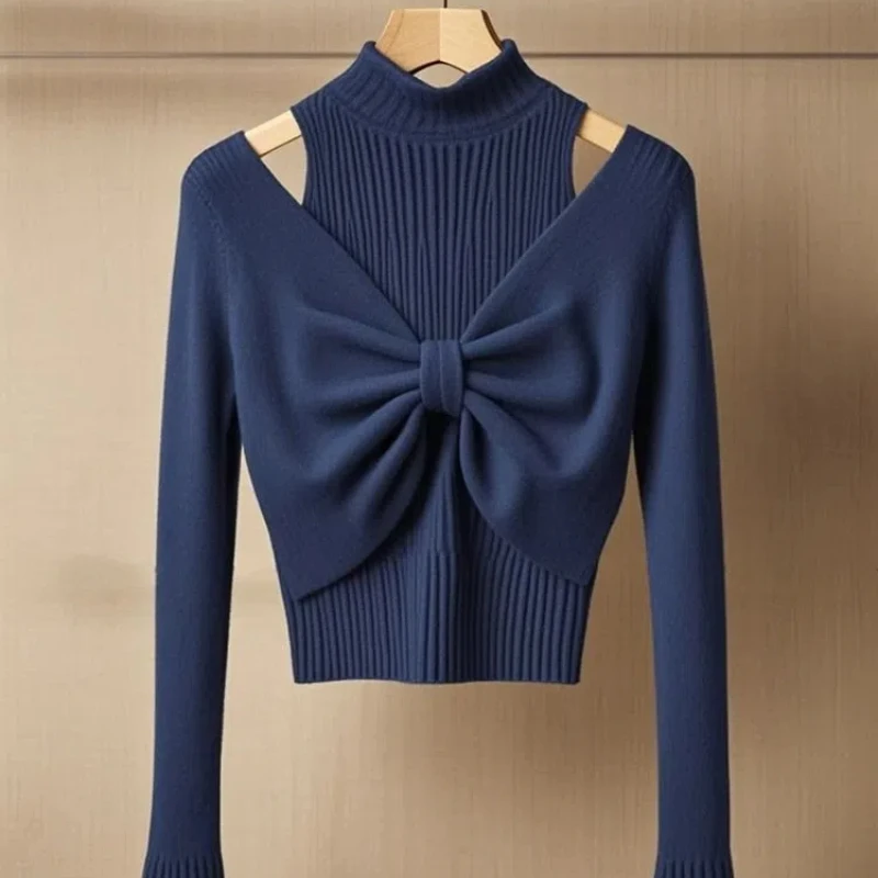 Французский светский стиль вязаный свитер с капюшоном и бантом жилет