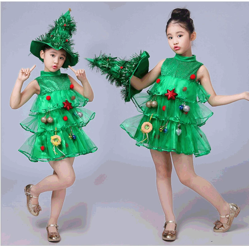 

Cosplay Christmas Tree Costume Girl Dress Set Children Cake Skirt Holiday Party Stage Performance Dance Clothes