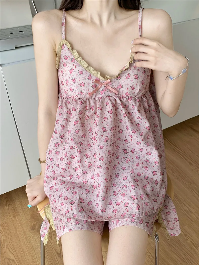 Yasuk Summer Fashion Women's Casual Kawai Lovely Floral Bandage Vest Sleepwear Pajamas Set With Shorts Pants Sweet Sexy Girl